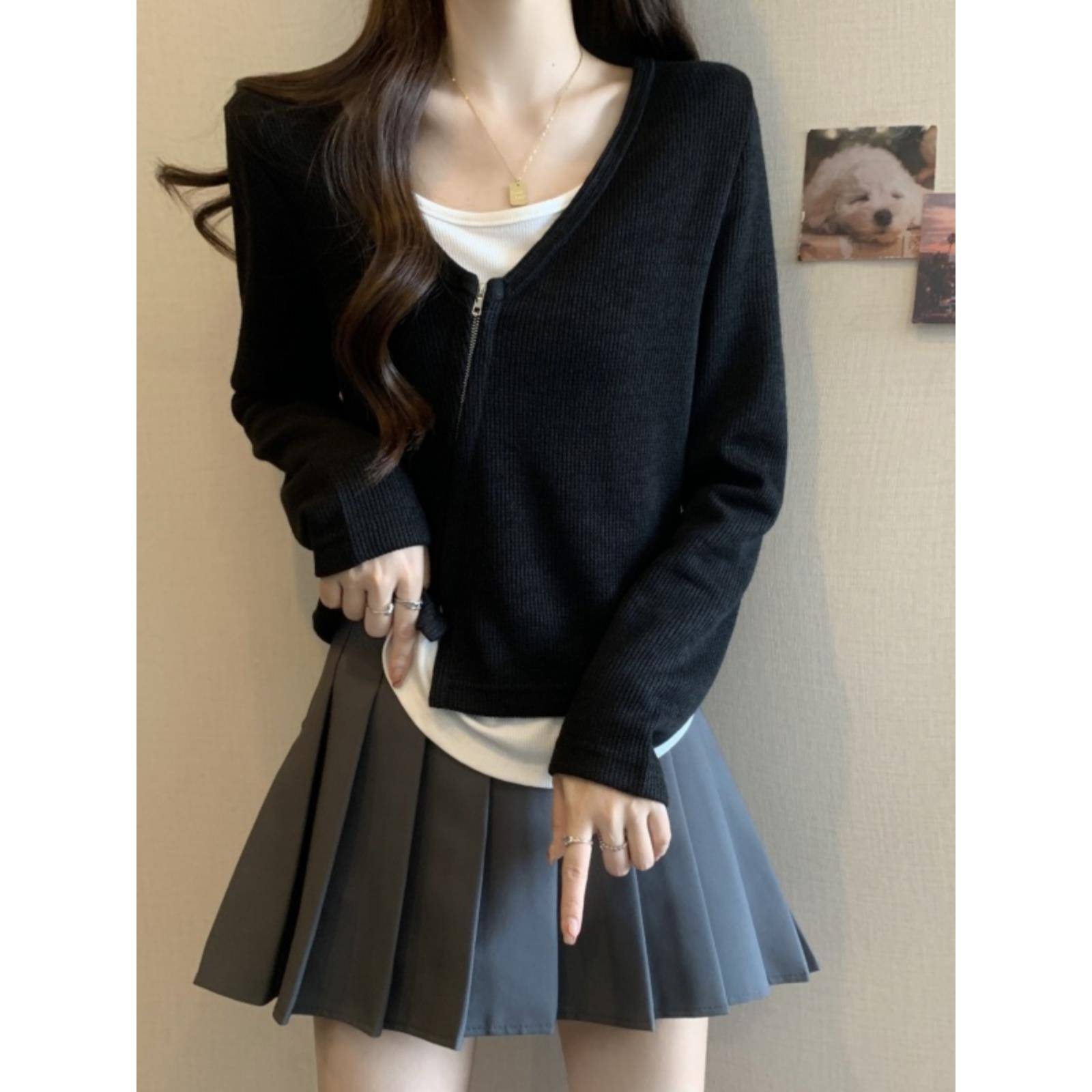 大码女装遮肚子假两件双拉炼针织衫秋冬胖mm内搭打底衫上衣0928e