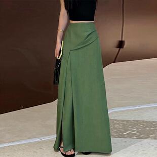 绿色不规则开叉a字半身裙女2026春夏高腰垂感遮胯显瘦气质长0317r