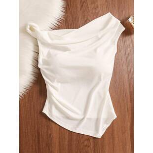 法国不对称t恤女士夏季 系腰露肩背心黑色优雅单肩上衣0320r