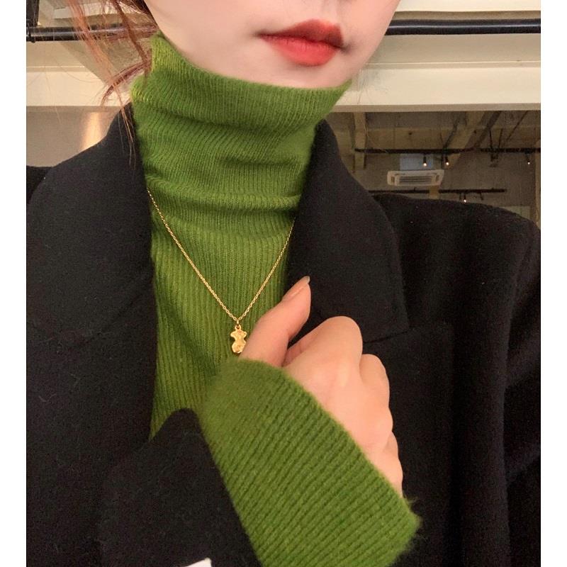 牛油果绿堆堆领打底衫女秋冬针织衫高领毛衣配大衣的内搭上1006h