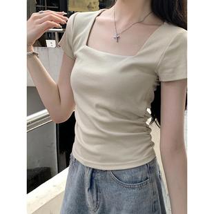 纯欲辣妹心机方领露锁骨短袖 0720d T恤女2025夏季 褶皱收腰显瘦短款