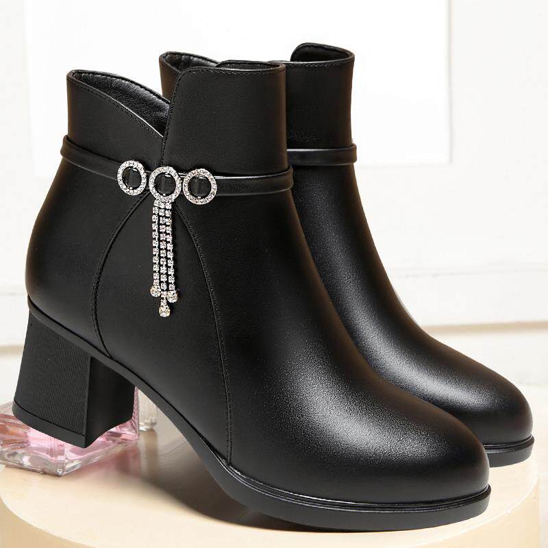 短靴女中跟靴子女士新款单靴女靴秋冬季加绒皮鞋妈妈鞋子1029h