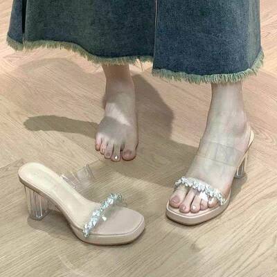 一字带透明水晶跟防水台粗跟凉拖鞋鞋女夏季新款高跟鞋舒适0225r