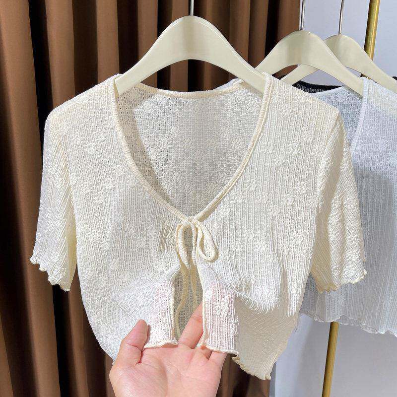 蕾丝短袖开襟外套女薄款夏季披肩配裙子小外搭系带防晒小坎0305r