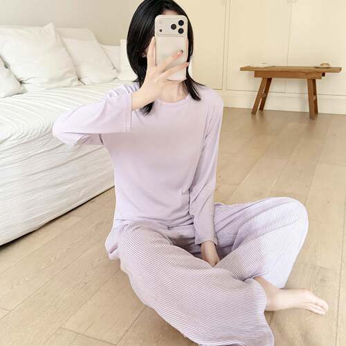 长袖睡衣女秋简约风款春圆领撞色紫色家居服套装薄款两件套0917e