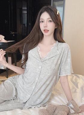 睡衣女款夏翻领蕾丝花边短袖长裤套装甜美灰色家居0526k
