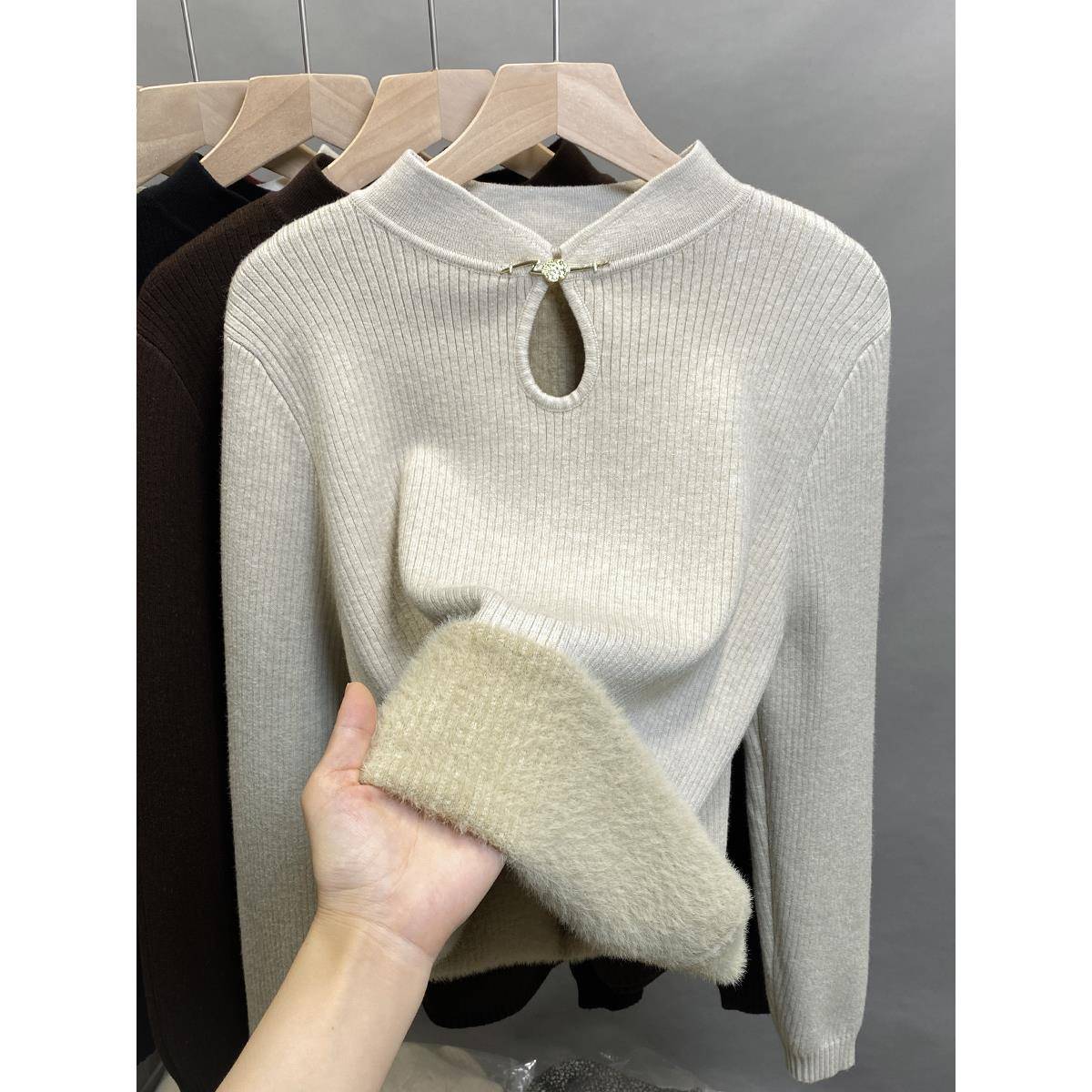 连体半高领针织女式衬里厚底衬衫2025秋冬新款外衫内衫1022u1