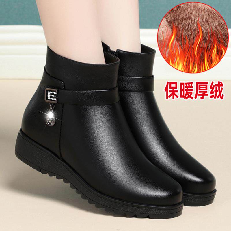 软底中老年母鞋皮鞋鞋靴平底鞋妈妈女鞋里短靴秋冬女鞋1029h