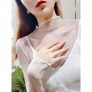 内搭纱衣气质薄款 女新款 蕾丝上衣0317d 白色半高领网纱打底衫 夏款