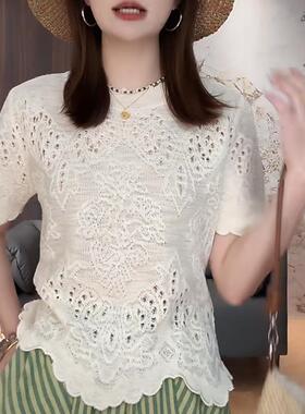钩花镂空白色短袖针织衫女2026年夏季新款高级感洋派百搭圆0517r