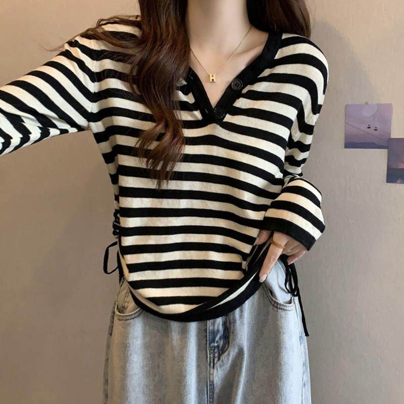 加码修身好看不对称长袖针织上装衬衫春秋季胖姐姐抽绳条纹0124e,女装/女士精品,毛针织衫,淘宝优惠券,粉丝福利购,淘宝优惠卷