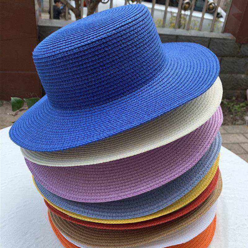 新款纯色光板草帽女海边度假夏天平顶小礼帽户外沙滩遮阳帽0420e