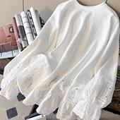 大码 胖蕾丝镂空钩花拼接上衣女长袖 t恤春秋欧洲站减龄上衣0201e