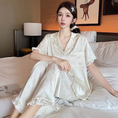 睡衣女夏季高级感冰丝短袖长裤轻奢套装可外穿新款家居0529e