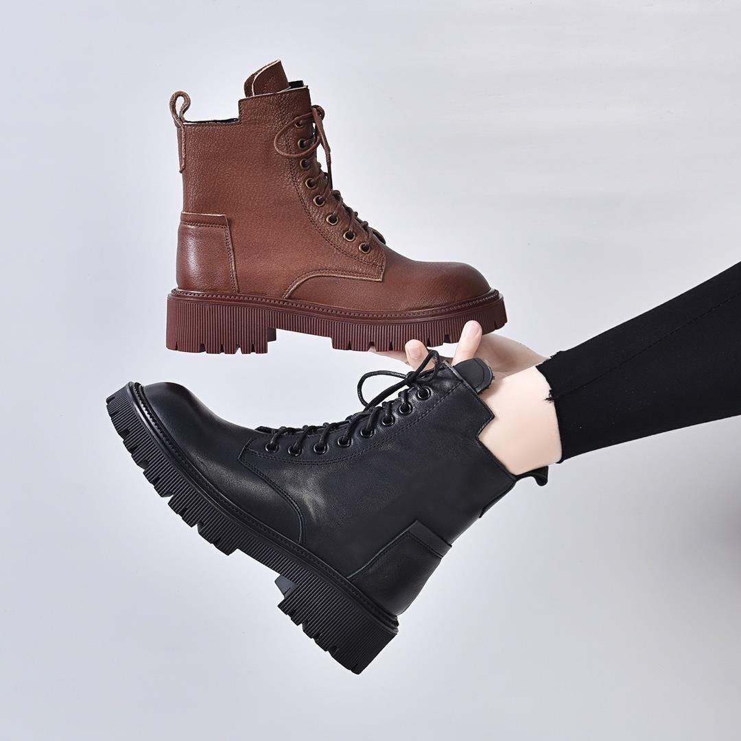 新款女鞋圆头厚底马丁靴女冬季软系带短靴软底软面加绒机车1110h