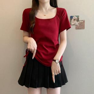 胖mm修身 顯瘦抽繩收腰上衣0726d t恤女夏大碼 方領不規則正肩短袖