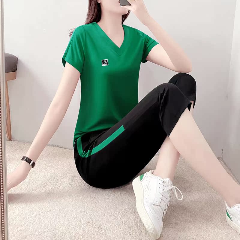 休闲运动套装女夏季时尚V领款短袖七分裤跑步服两件套0622d
