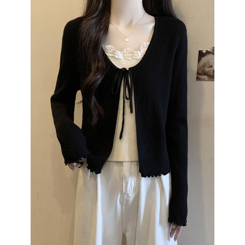 大码女装遮肚子假两件撞色针织衫女秋冬胖mm木耳边内搭上衣0928e