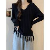 韩版 流苏V领毛衣针织衫 女春秋季 大尺码 胖妹妹宽松显瘦长袖 T0204e