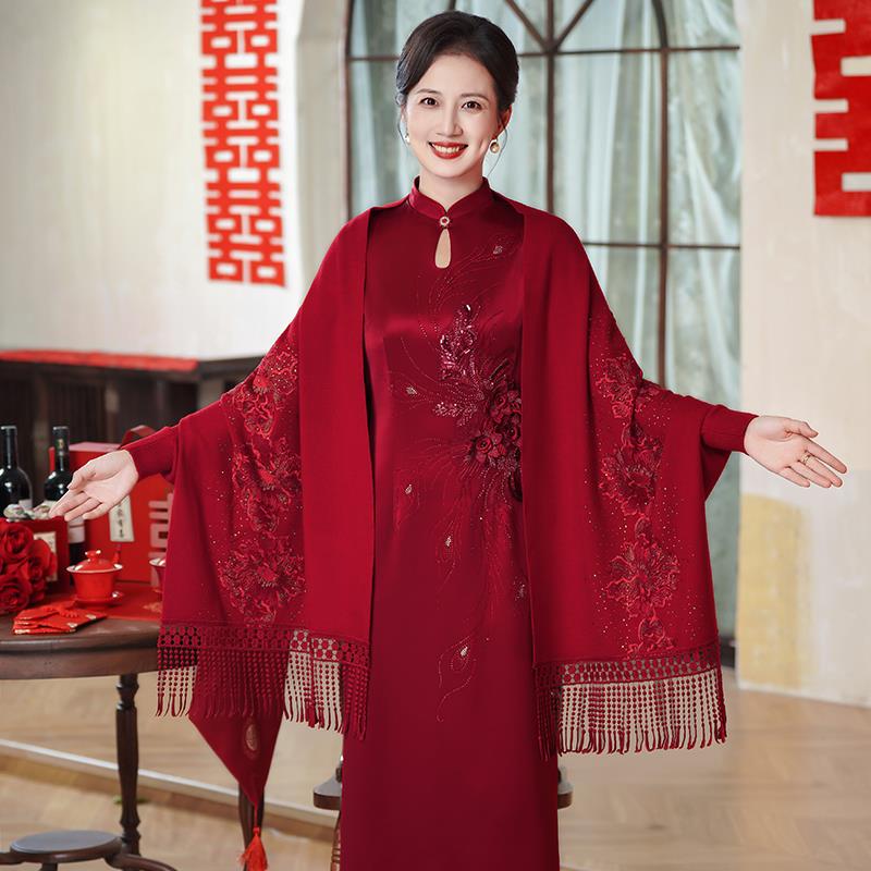 2025新款配旗袍的披肩秋冬婚宴喜婆婆妈妈礼服外套红色女外0925u1