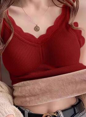 红色蕾丝花边保暖背心加绒加厚防寒冬季新款V领打底衫上衣1222k