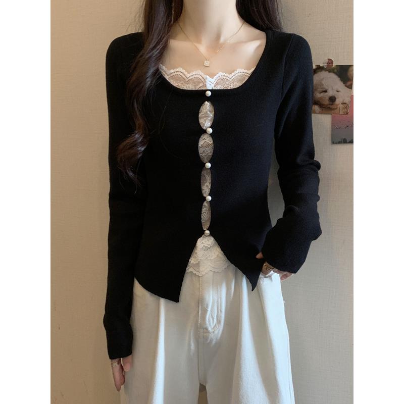 大码假两件蕾丝拼接镂空长袖针织衫女秋胖mm显瘦内搭打底衫0928e