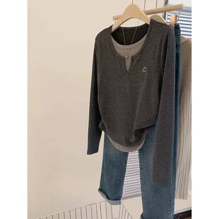 灰色V领假两件长袖t恤女春新款修身内搭针织打底衫收腰短款0310e