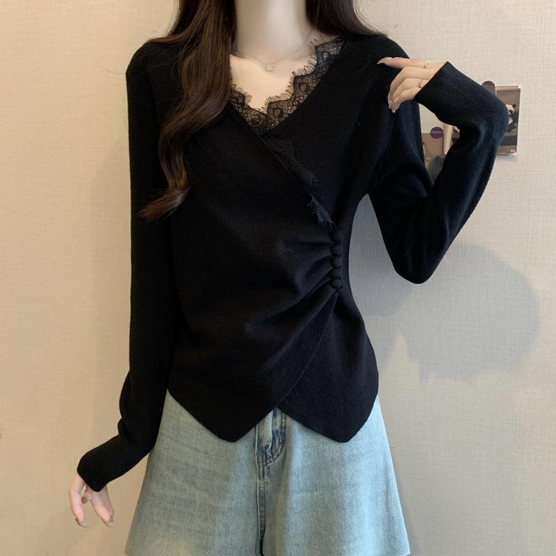 秋冬胖遮肚显瘦V领蕾丝拼接针织打底衫女洋派减龄内搭女士毛1126u