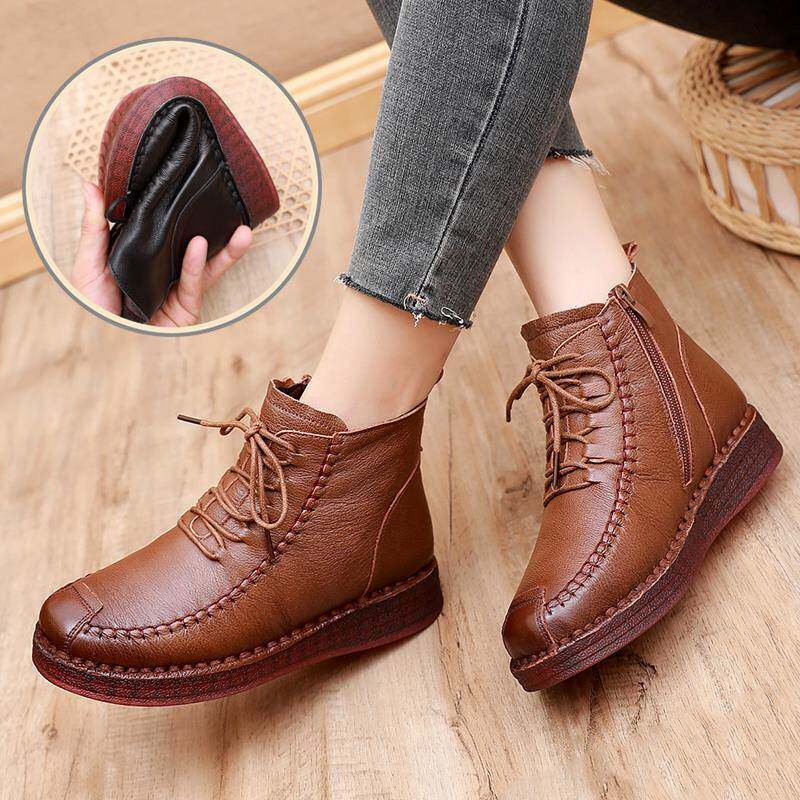 妈妈鞋女冬靴拉炼厚底短靴棕色加绒防滑中老年女靴1029h