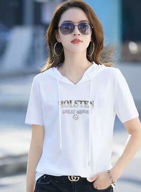 品牌连帽t恤女短袖夏季新款减龄显瘦半袖宽松韩版卫衣潮0424x