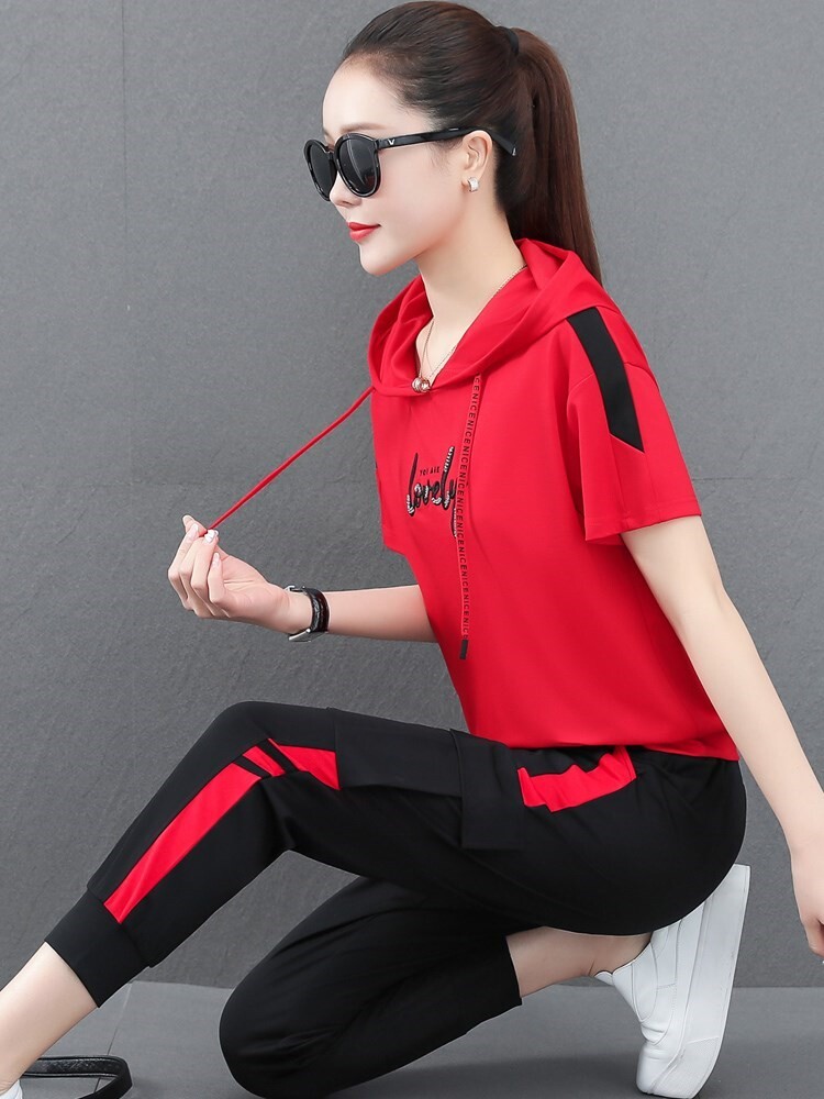 运动服套装女夏季2025新款时尚大码短袖束脚裤薄款卫衣休闲两件套