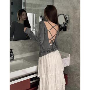T恤女感露背罩衫 宽松爵士长袖 甜辣绑带慵懒防晒上衣0317d 美式 夏款