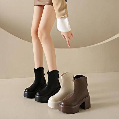 新款厚底马丁靴女小个子增高粗跟切西瘦瘦靴女百搭法式瘦瘦0127e