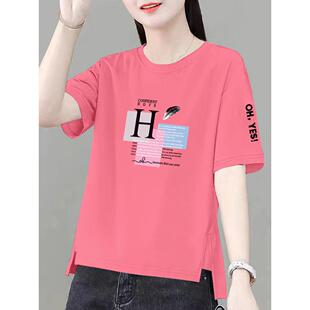 女士短袖 圆领体恤宽松减龄开叉上衣服0721d t恤2025夏季 新款