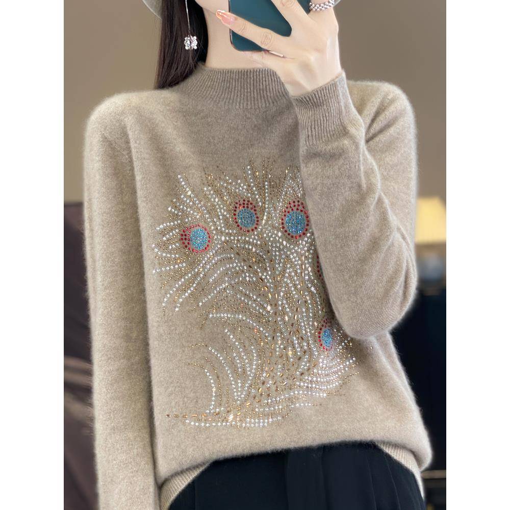 秋冬镶钻高领针织衫女宽松休闲打底衫新款套头毛衣1126u