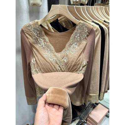 秋冬加绒秋衣女蕾丝V领加厚一体绒紧身打底衫毛衫低领保暖1129u