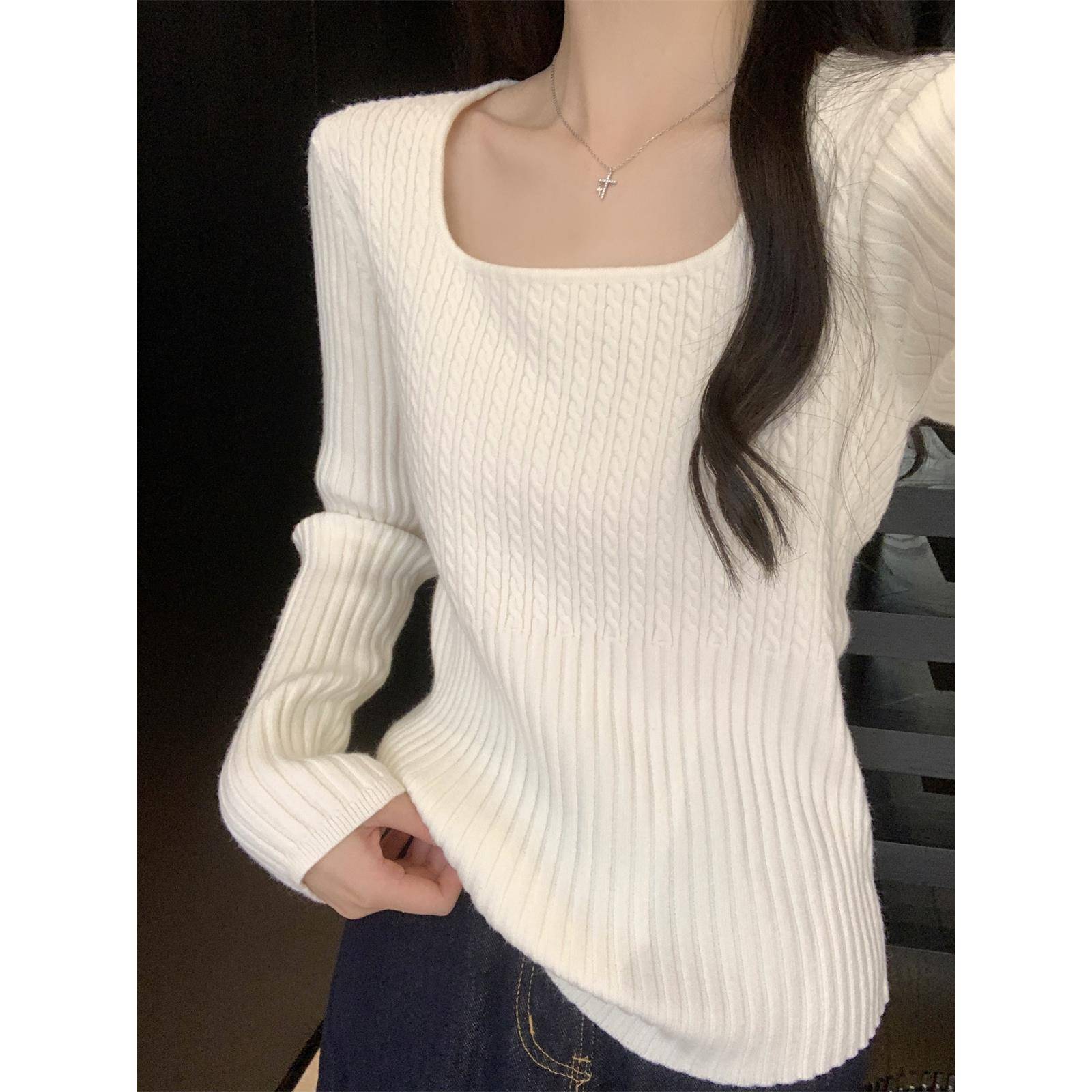 秋冬女打底衫装2025新款方领毛衣内搭花针织衫长袖上衣1119k