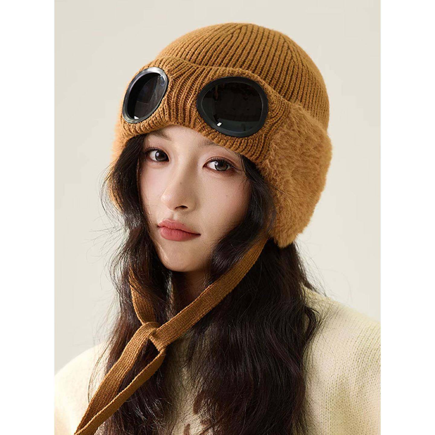 春秋韩版时尚护目眼镜飞行帽子女冬季2026新款加绒护耳防风0119ud,服饰配件/皮带/帽子/围巾,帽子,淘宝优惠券,粉丝福利购,淘宝优惠卷