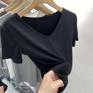 正肩针0317r1 胖MM高弹内搭打底衫 黑色螺纹棉v领短袖 t恤女秋夏大码