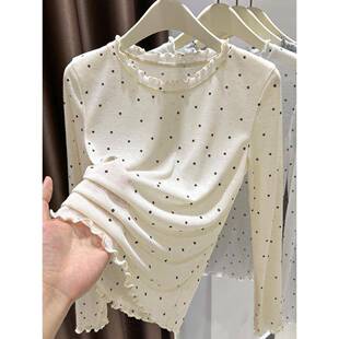 杏黄色圆领女式t恤新款修身圆点右肩上衣配薄长袖0112h