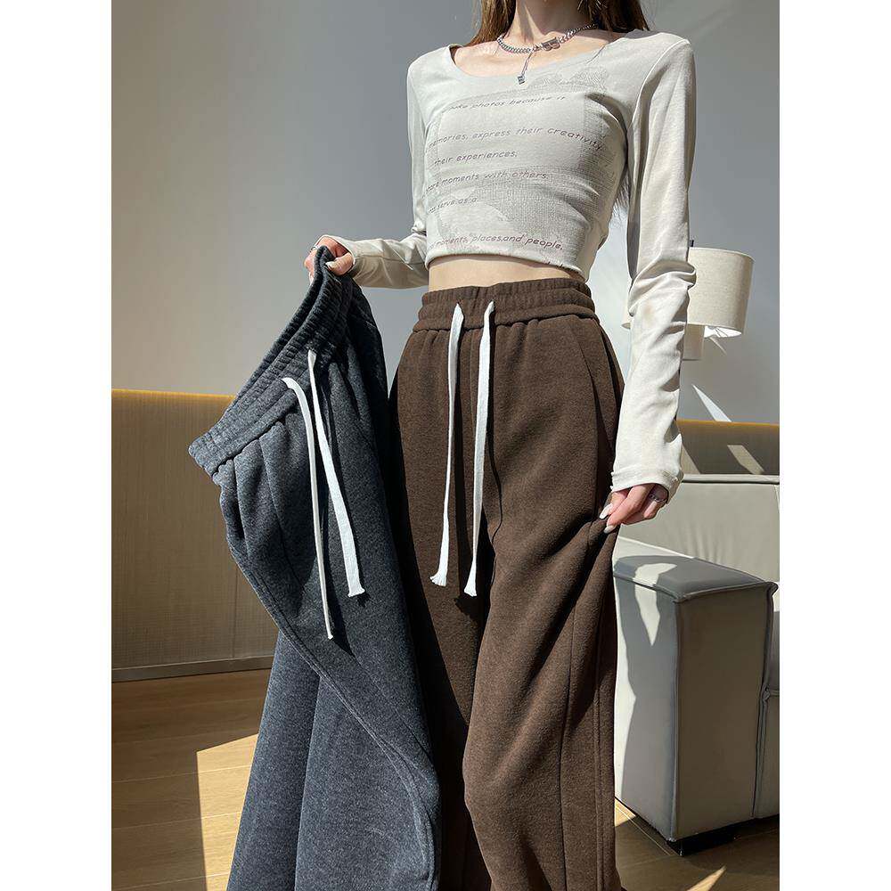 秋冬呢休闲阔腿裤女窄版直筒裤新款高腰垂感休闲糯米裤子1208u