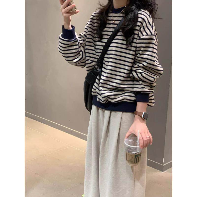条纹圆领卫衣女装2026春季新款慵懒风宽松大码针织衫无帽长0124e,女装/女士精品,T恤,淘宝优惠券,粉丝福利购,淘宝优惠卷