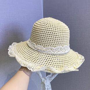 春夏草帽女蕾丝绑带花边渔夫帽新款 镂空透气遮阳帽出游0330d 夏季