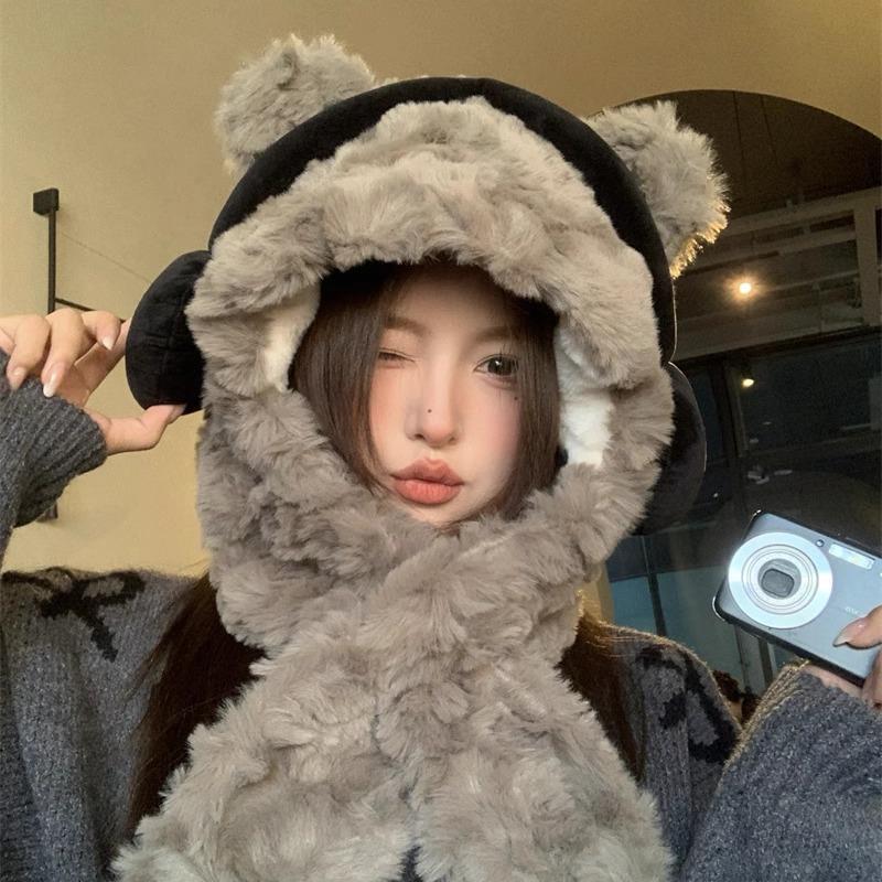 可爱耳机帽子围巾一体女秋冬季毛绒加厚保暖护耳套头帽潮1026u