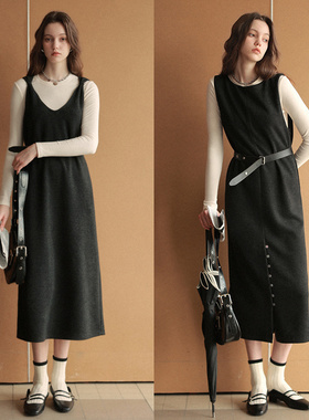 相对纶/正反两穿显瘦藏肉黑色叠穿保暖背带裙秋冬直筒长款马甲裙