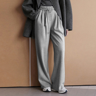 子2024新款 裤 秋冬慵懒垂感休闲 打褶毛边宽腰头绑带直筒裤 相对纶