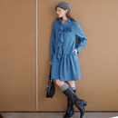 裙 毛呢保暖藏肉减龄短款 相对纶 显白蔚蓝色抽皱活褶荷叶领连衣裙
