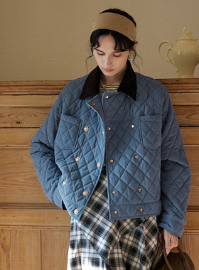 相对纶/轻暖灯芯绒3M新雪丽棉衣时髦好看菱格牛仔蓝miu系短款外套