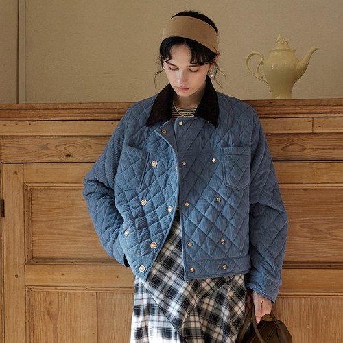 相对纶/轻暖灯芯绒3M新雪丽棉衣时髦好看菱格牛仔蓝miu系短款外套