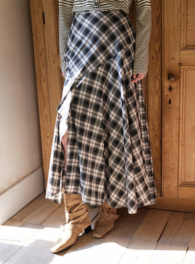 相对纶/梨形友好/不对称开衩黑白格子大摆巨好看的长裙半身裙